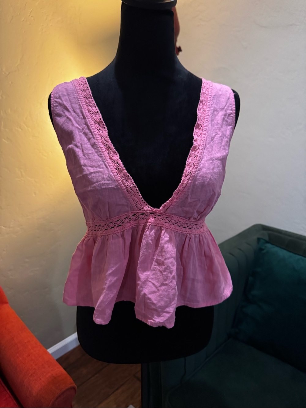 Zara Pink Lace-Trim Deep V Peplum Camisole